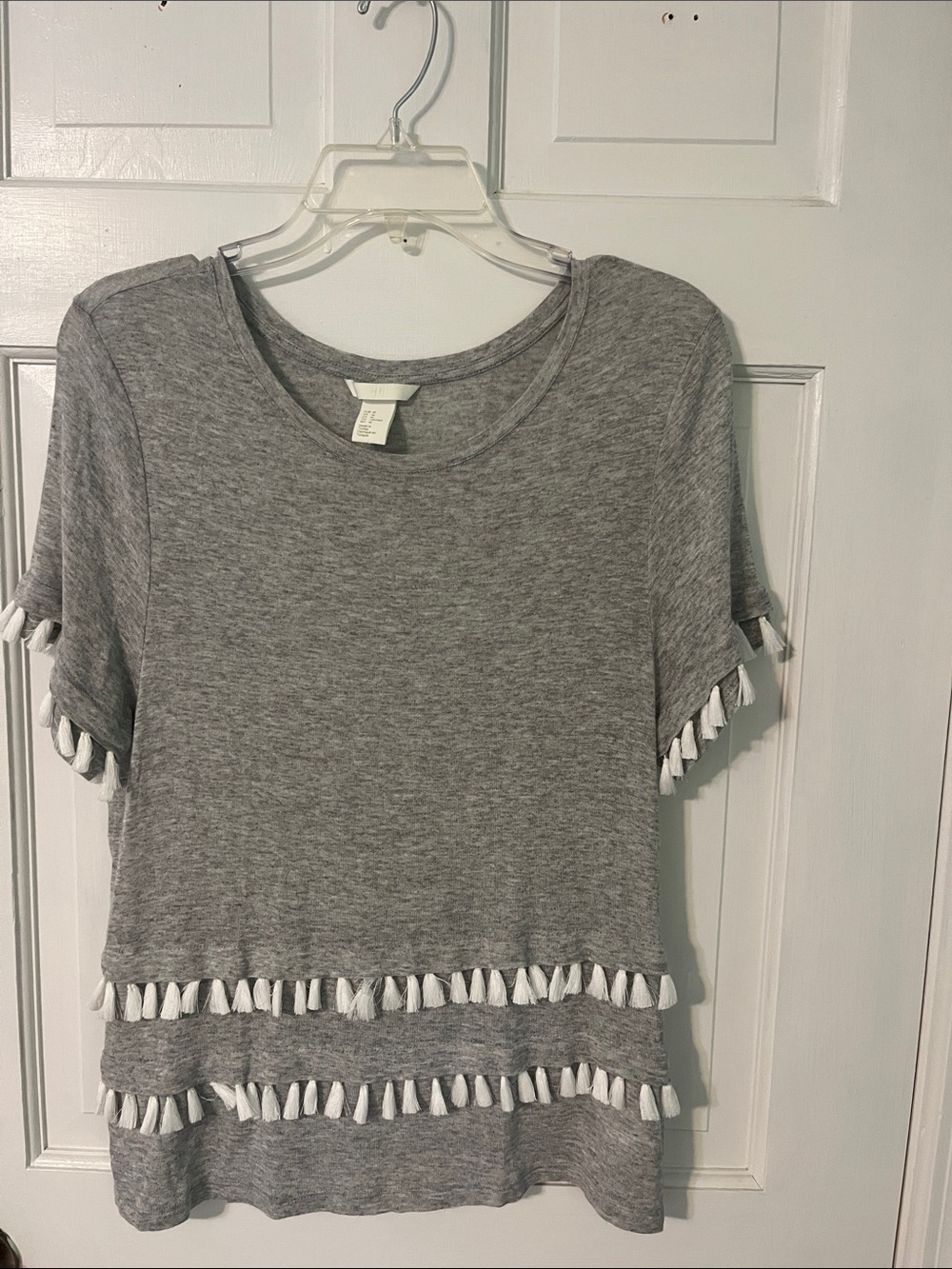 H&M Grey Short Sleeve Top with White Tassel Trim